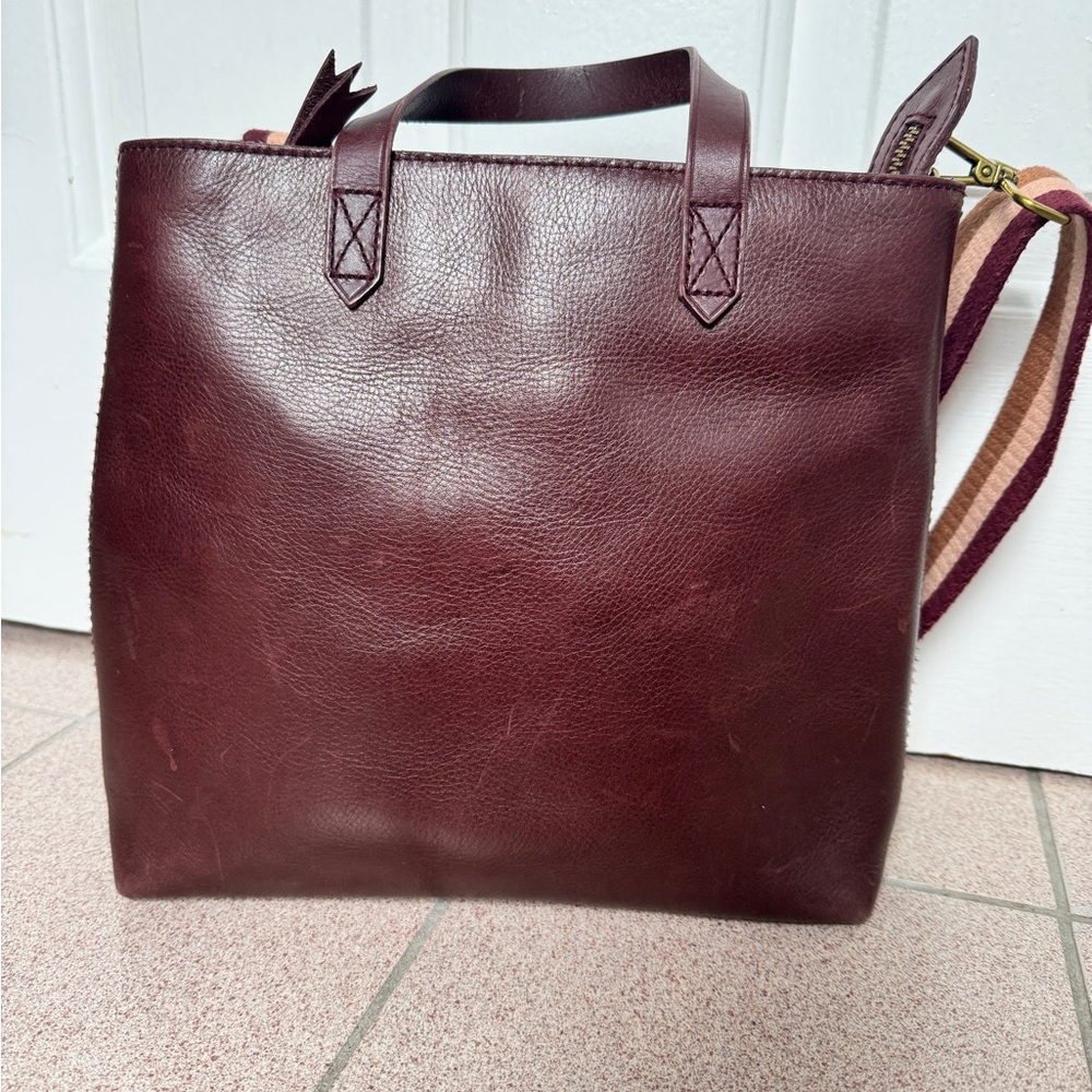 Madewell Burgundy Leather Tote with Striped Strap